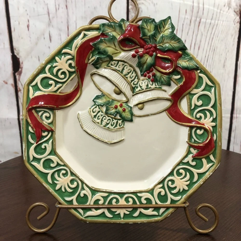 FITZ and FLOYD Holiday Decorative Octagon Plate with Bells and Holly